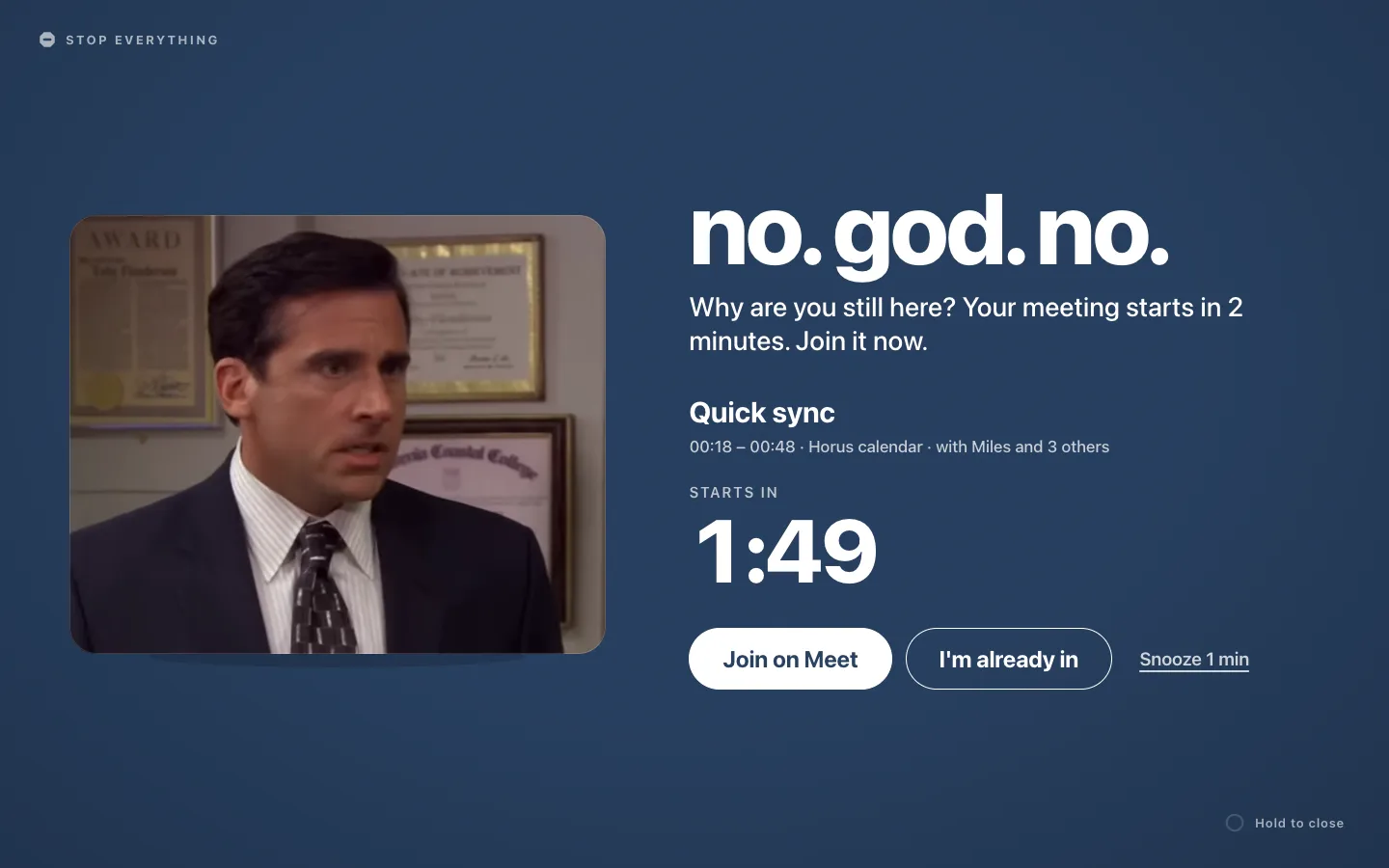 Stop Everything taking over a Mac screen with a meme and a Join button